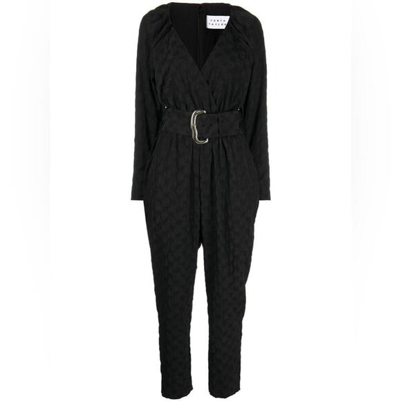 TANYA TAYLOR Talisia Straight Leg Belted Jumpsuit Black Long Sleeve V Neck NEW - Picture 6 of 13